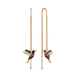 Серьги-продёвки из золочёного серебра с пл.кварцем цв.родолит и фианитами