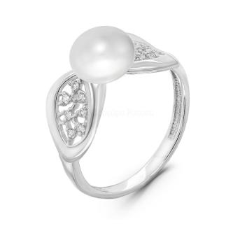 Кольцо из серебра с культ.жемчугом и фианитами родированное
