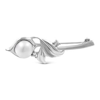 Брошь из серебра с культ. жемчугом и фианитами родированная