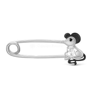 Булавка из серебра с фианитами родированная - Мышка