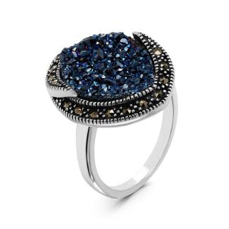 Кольцо из чернёного серебра с нат.друзой агата и марказитами