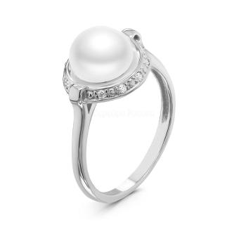 Кольцо из серебра с культ.жемчугом и фианитами родированное