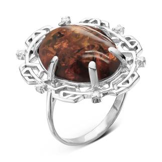 Кольцо из серебра с прес. нат.янтарём и фианитами родированное