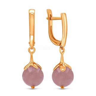 Серьги из золочёного серебра с нат. кварцем розовый шар