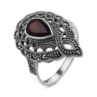 Кольцо из чернёного серебра с нат.гранатом и марказитами