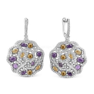 Серьги из серебра с пл.кварцем цв.аметист, цитрин и фианитами родированные
