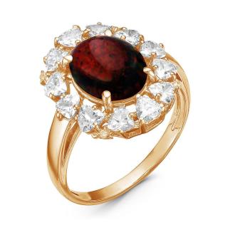 Кольцо из золочёного серебра с синт.красным опалом и фианитами