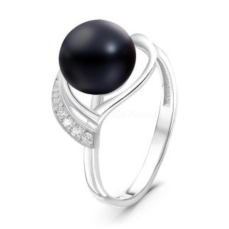 Кольцо из серебра с культ.чёрным жемчугом и фианитами родированное