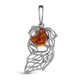 Подвеска из серебра с пресс. нат. янтарём родированная - Рыбка