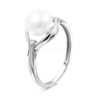 Кольцо из серебра с жемчугом и фианитами родированное
