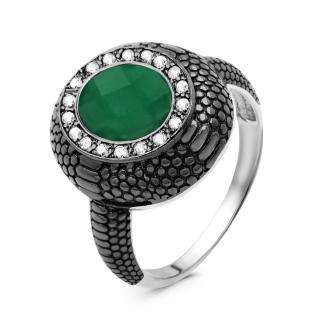 Кольцо из серебра с пл.кварцем цв.зеленый агат, фианитами и тёмным родированием