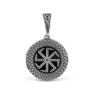Подвеска славянская из чернёного серебра с чёрным агатом - Коловрат (Светлый, солнечный символ, который сопровождал славян в их славных делах и полит кровью и потом ушедших поколений, отстоявших родну
