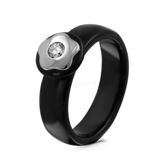 Кольцо из серебра с чёрной керамикой и куб. цирконием родированное