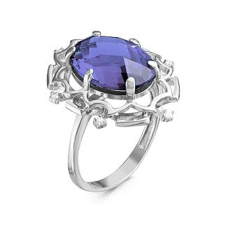 Кольцо из серебра с пл.кварцем цв.аметист и фианитами родированное