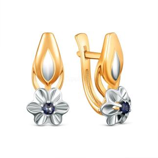 Серьги из золочёного серебра с сапфиром и родированием - Цветок