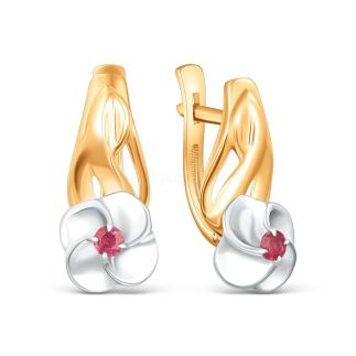 Серьги цветок из золочёного серебра с рубином и родированием
