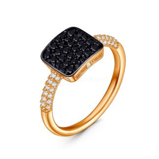Кольцо из золочёного серебра с натуральной чёрной шпинель, фианитами и родированием