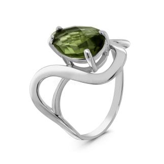 Кольцо из серебра с пл.кварцем цв.хризолит родированное