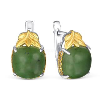 Серьги из серебра с нефритом и золочением родированные