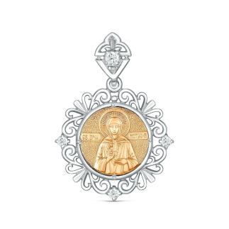 Подвеска из родированного серебра с фианитами и золочением - Святая Матрона Московская
