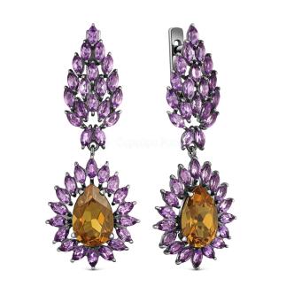 Серьги из серебра с ситаллом цв.султанит и нат.аметистом родированные