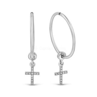 Серьги кольца кресты из серебра с фианитами (2 в 1)