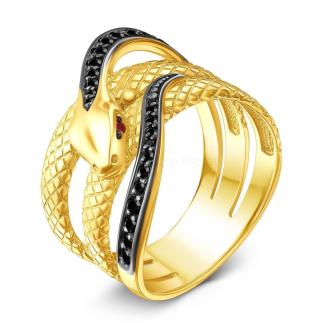 Кольцо Змея из золочёного серебра с нат.рубином, шпинелью и родированием