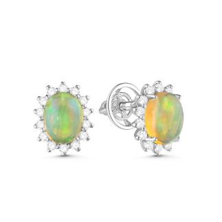 Серьги-пусеты из серебра с нат.опалом и фианитами родированные