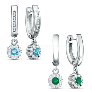 Серьги двусторонние из серебра с фианитами родированные