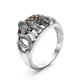 Кольцо из чернёного серебра с нат. гранатом и марказитами