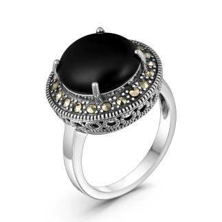 Кольцо из чернёного серебра с нат. ониксом и марказитами