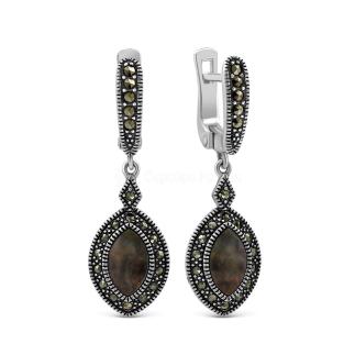 Серьги из чернёного серебра с нат. розовым перламутром и марказитами