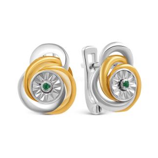 Серьги из родированного серебра с изумрудом и золочением