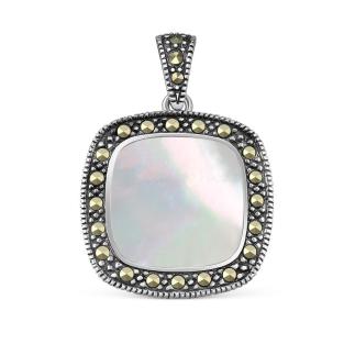 Подвеска женская из чернёного серебра с натуральным белым перламутром и марказитами