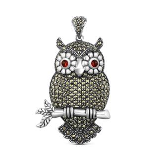 Кулон из чернёного серебра с натуральным гранатом и марказитами - Сова