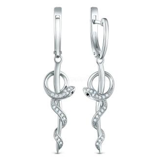 Серьги Змеи из серебра с фианитами родированные