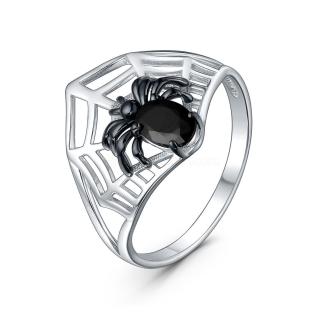 Кольцо из серебра с чёрным фианитом родированное - Паук