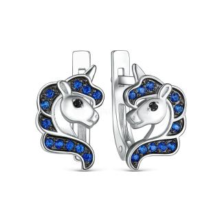 Серьги детские Единороги из серебра с фианитами родированные
