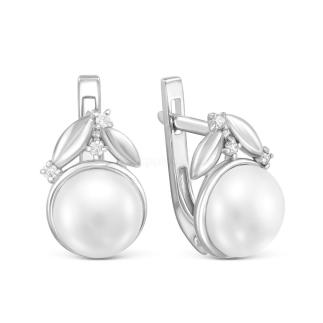 Серьги из серебра с культ.жемчугом и фианитами родированные