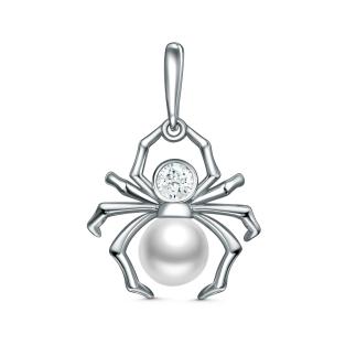 Подвеска из серебра с жемчугом Swarovski и фианитом родированная - Паук