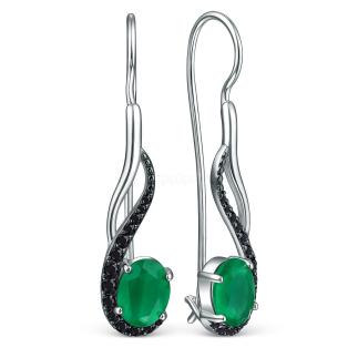 Серьги из серебра с зелёным агатом и чёрными фианитами родированные