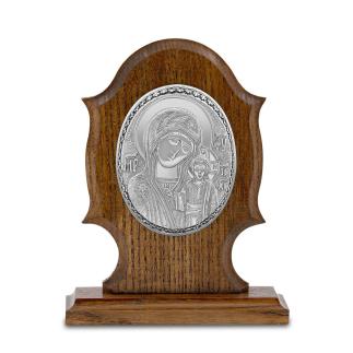 Икона настольная из родированного серебра на основе из ясеня - Казанская БМ