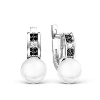 Серьги из серебра с культ. жемчугом и фианитами родированные
