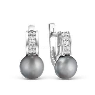 Серьги из серебра с культ.жемчугом и фианитами родированные