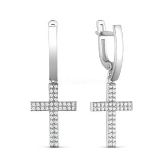 Серьги кресты из серебра с фианитами родированные