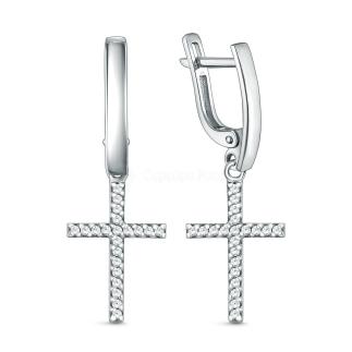 Серьги кресты из серебра с фианитами родированные