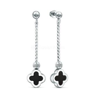 Серьги-пусеты длинные в форме клевер  из серебра с камнем оникс коллекция Clover time