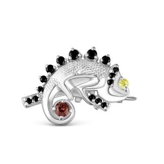 Брошь из серебра с фианитами родированная - Хамелеон