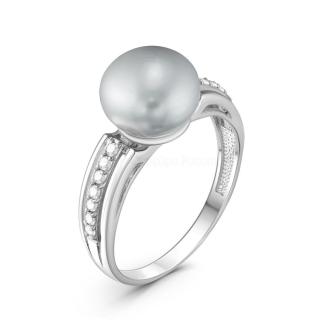 Кольцо из серебра с культ. жемчугом и фианитами родированное