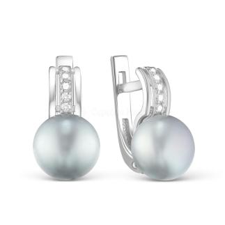 Серьги из серебра с культ. жемчугом и фианитами родированные